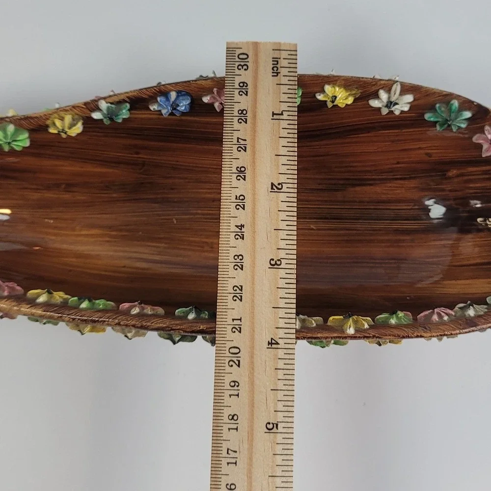 Elbee Italy Pottery MCM Hand Painted Flower Rim Faux Wood Grain Oval Bowl 9.5in